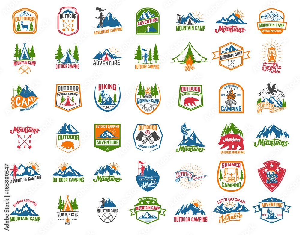 Big set of camping, hiking, tourism emblems. Design element for emblem, sign, label, poster.