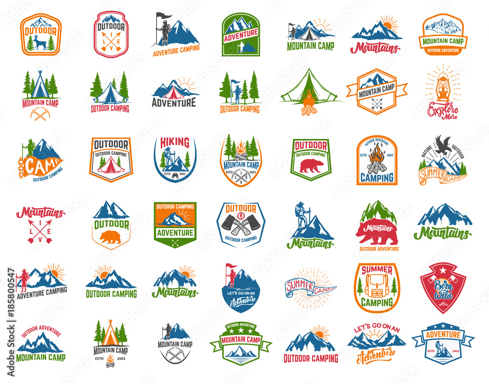 Big set of camping, hiking, tourism emblems. Design element for emblem, sign, label, poster. Big set of camping, hiking, tourism emblems. Design element for emblem, sign, label, poster.