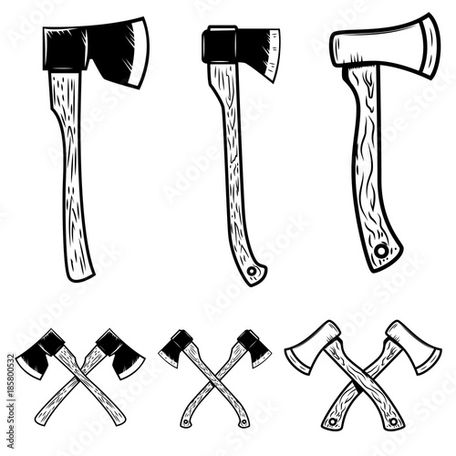 Set of hatchets. Lumberjack axe. Design element for poster, emblem, sign, logo, label.
