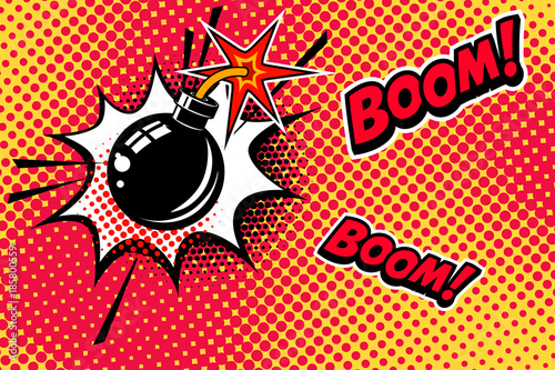Comic book style background with bomb explosion. Design element for banner, poster, flyer. photo
