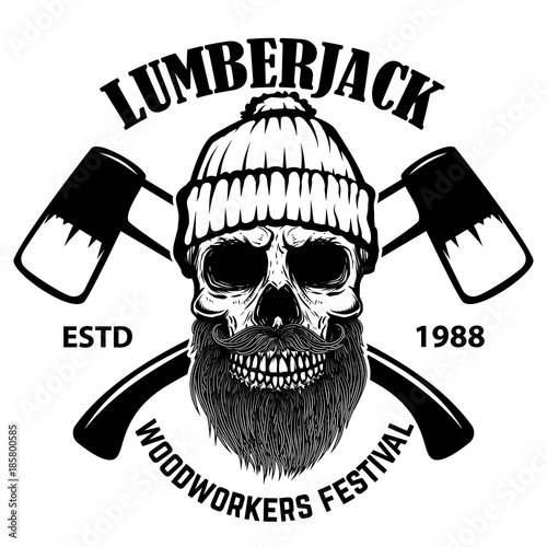 Lumberjack skull with crossed axes. Design elements for poster, emblem, sign, label.