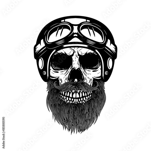 Bearded skull in racer helmet. Design element for logo, label, emblem, sign, poster, banner.