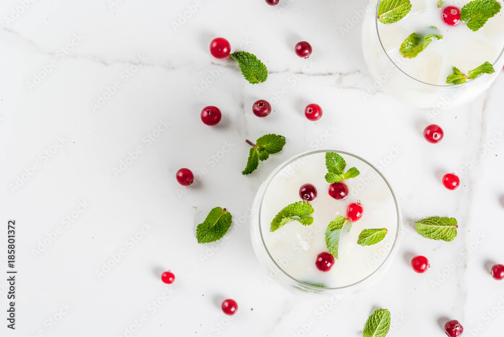 Fall and winter refreshment drink, White Christmas Mojito cocktail with cranberry and mint, on white table, copy space top view Fall and winter refreshment drink, White Christmas Mojito cocktail with cranberry and mint, on white table, copy space top view
