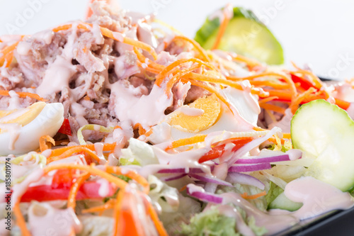 Close up of tuna salad with fresh vetables