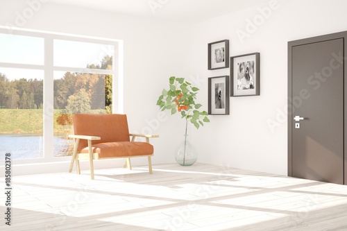 Idea of white room with armchair and summer landscape in window. Scandinavian interior design. 3D illustration