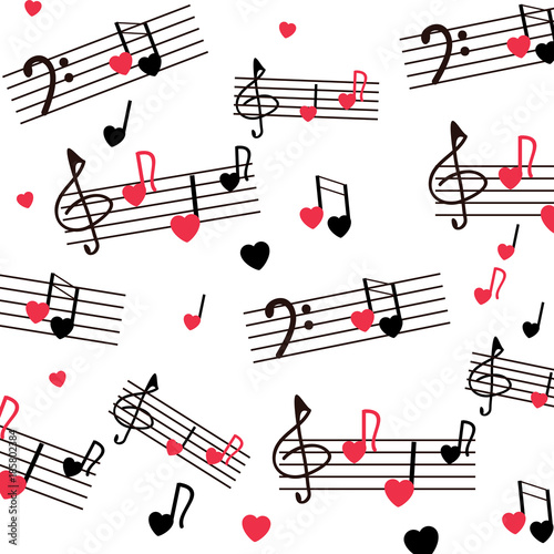 A musical mill with stylized notes, violin and bass keys, hearts. Musical romantic background. White background, red and black colors.
