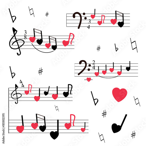 A musical mill with stylized notes, violin and bass keys, hearts. Musical romantic background. White background, red and black colors.