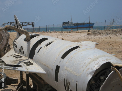 remains of a military plane near the coast,  the port of Berbera, Somalia, Somaliand.