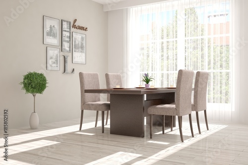 White dinner room with green landscape in window. Scandinavian interior design. 3D illustration