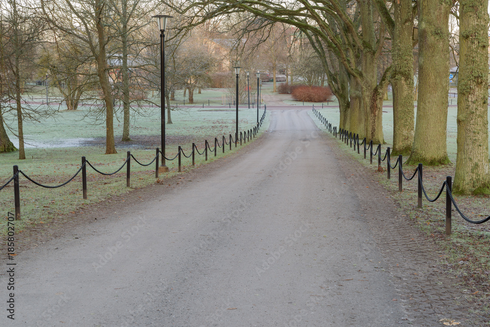 Chain fenced road with lampposts on one side and trees on the other. Public park in Ronneby, Sweden.