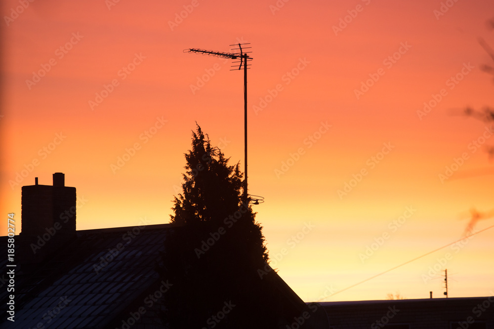 Christmas tree on the roof in early morning sunrise. Red and pink amazing sky. Christmas tree on the roof in early morning sunrise. Red and pink amazing sky.