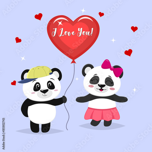 Fototapeta Naklejka Na Ścianę i Meble -  Two cute pandas stand, the boy is holding a red ball, girl panda in a pink skirt and with a bow, in cartoon style.