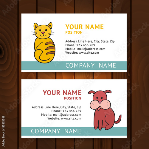 Business card with cat and dog for veterinary clinics on wooden background