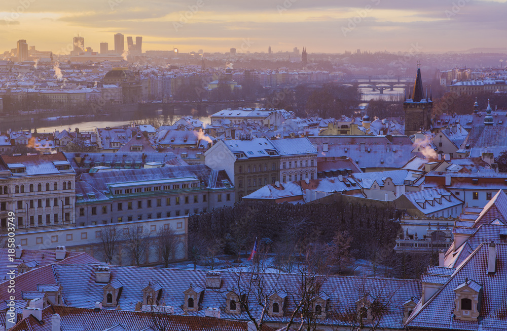 Winter Prague before sunrise , panoramic view