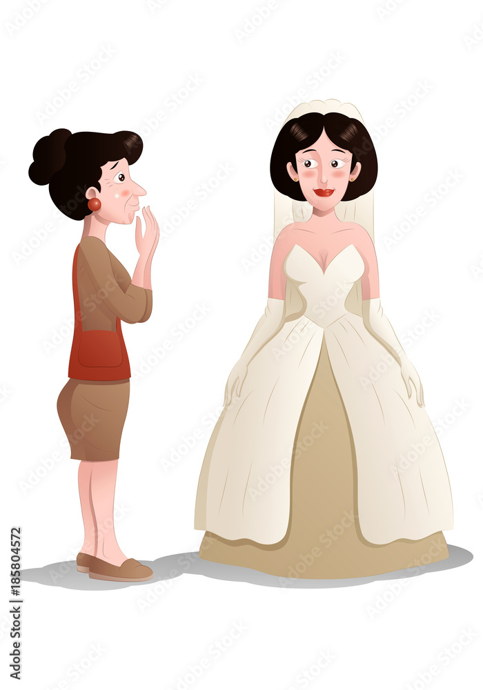 shopping woman try wedding dress on isolated