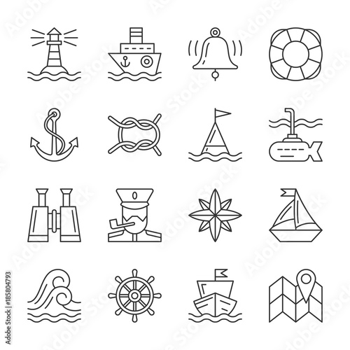Editable stroke Marine Nautical line icon set