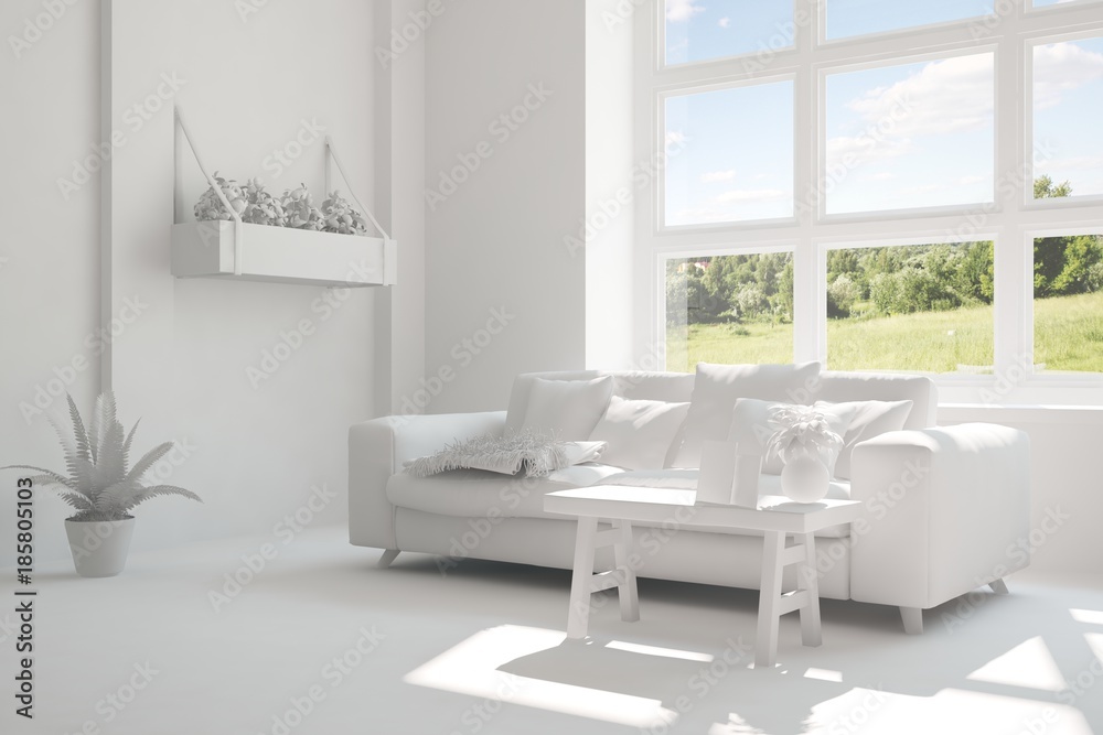 Idea of white room with sofa and summer landscape in window. Scandinavian interior design. 3D illustration Idea of white room with sofa and summer landscape in window. Scandinavian interior design. 3D illustration