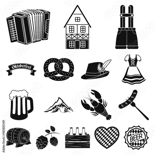 October festival in Munich black icons in set collection for design.Tradition and fun vector symbol stock web illustration.