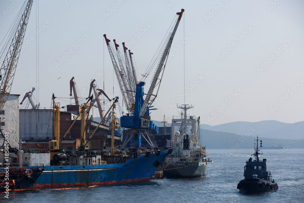 Vladivostok, Russia - AUGUST, 2017: Vladivostok Commercial Sea Port. Container terminals in Vladivostok