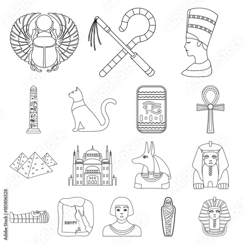 Ancient Egypt outline icons in set collection for design. The reign of Pharaoh vector symbol stock web illustration.