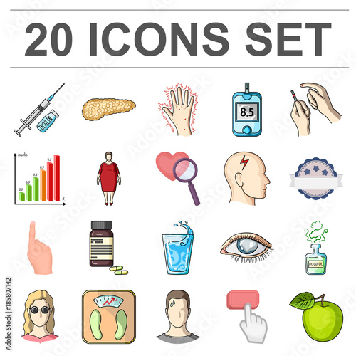 Diabetes cartoon icons in set collection for design. Treatment of diabetes vector symbol stock web illustration.