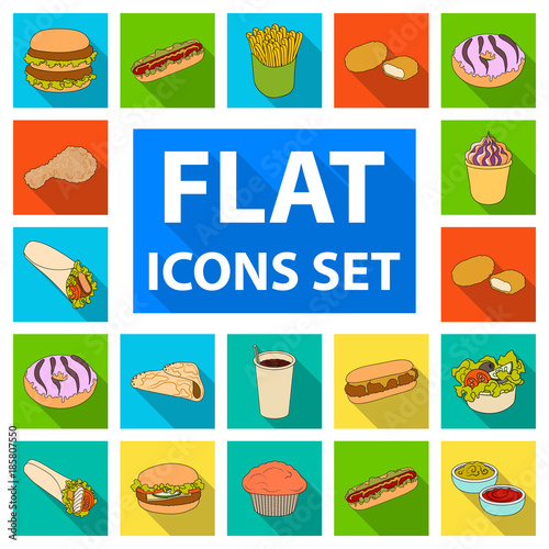 Fast food flat icons in set collection for design.Food from semi-finished products vector symbol stock web illustration.