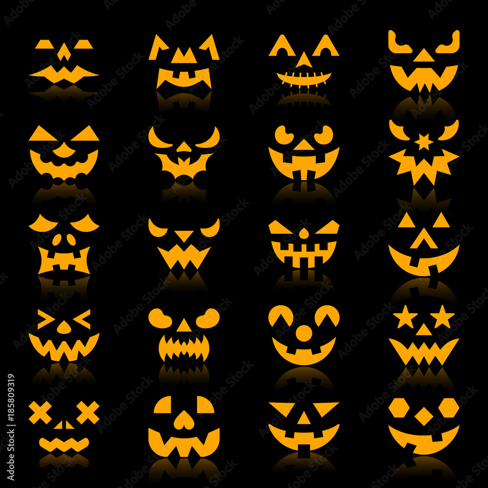 Halloween pumpkin color silhouette face icon set Halloween pumpkin color silhouette face icon set