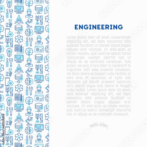 Engineering concept with thin line icons: engineer, electronics, calculations, tools, repair, idea, it server. Modern vector illustration for web page, banner, print media.
