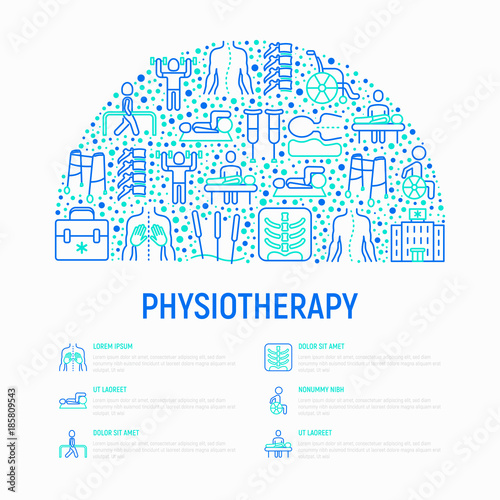 Physiotherapy concept in half circle with thin line icons: rehabilitation, acupuncture, massage, gymnastics, go-carts, vertebrae; x-ray, crutches, wheelchair. Vector illustration, web page template.