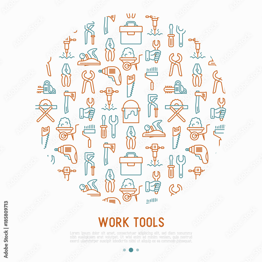 Work tools concept in circle with thin line icons: puncher, drill, wrench, plane, toolbox, wheelbarrow, saw, pliers, sawing machine. Modern vector illustration of building equipment for web page.