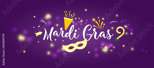 Carnival Concept Banner with stars, mask, icons. Mardi gras beads and garlands