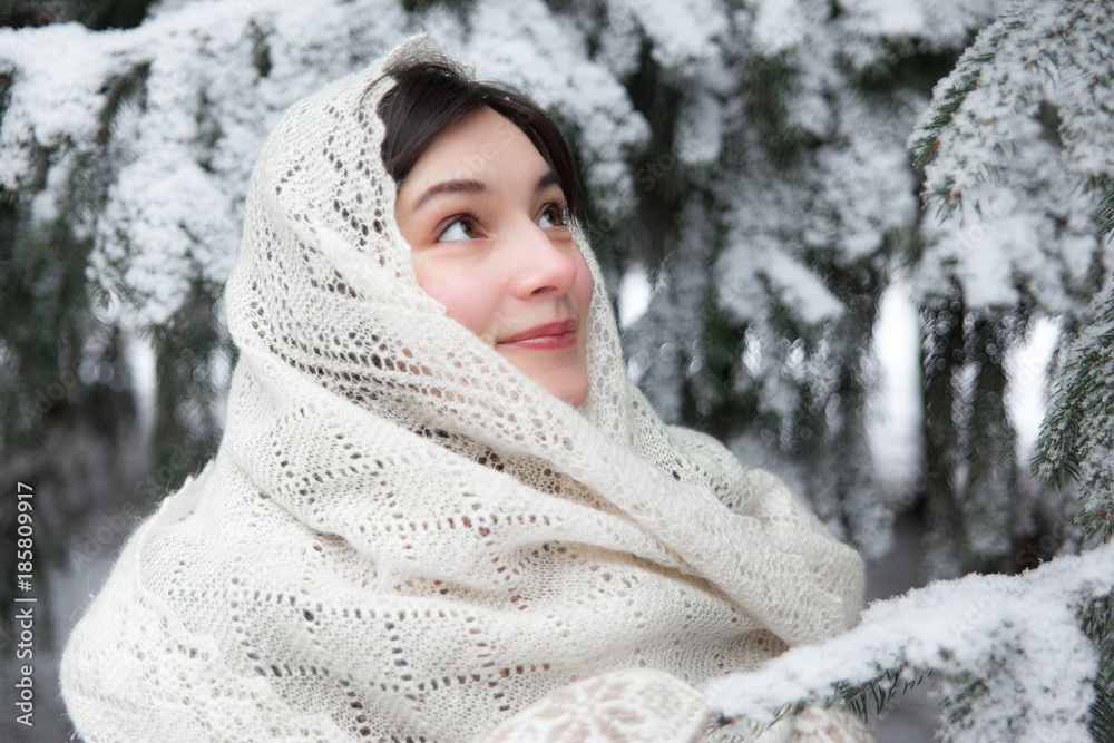 Winter portrait of a russian girl in orenburg shawl at cold day outdoors on  background of spruce branches covered with hoarfrost. Female face in warm  clothes under the snow. Stock Photo