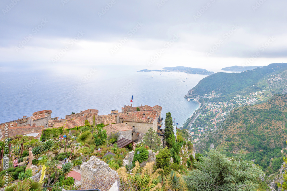 Scenic view from top to Mediterranean sea and part of Eze village