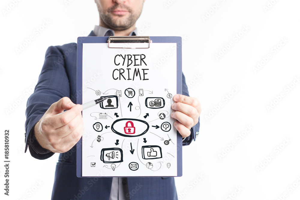The concept of business, technology, the Internet and the network. A young businessman shows a successful scheme of work: Cyber crime The concept of business, technology, the Internet and the network. A young businessman shows a successful scheme of work: Cyber crime