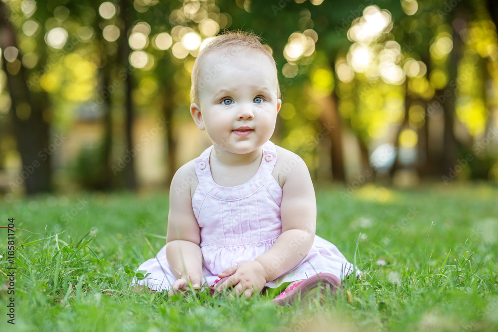 The baby girl sits in the grass in her dress. 1 year. The concept of children, childhood, lifestyle, family. The baby girl sits in the grass in her dress. 1 year. The concept of children, childhood, lifestyle, family.