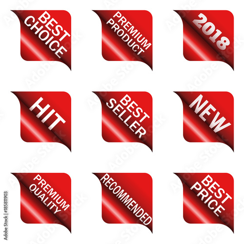 Set of red corners with the inscription: 2018, Best Choice, Premium Quality, New, Hit, Recommended and others isolated on white background.Vector illustration.