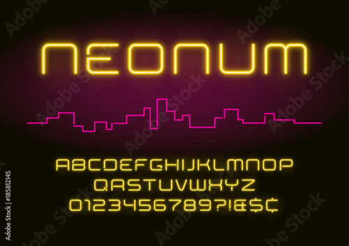 Neon light alphabet, realistic extra glowing futuristic font. Ex photo