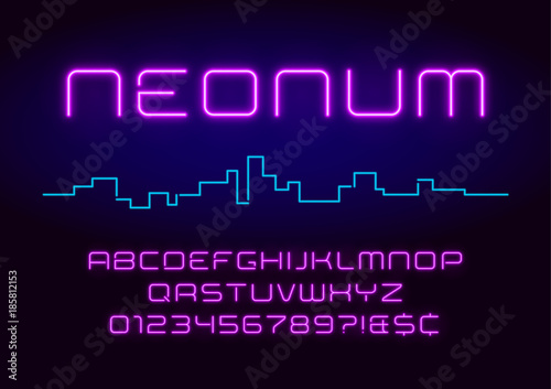 Neon light alphabet, realistic extra glowing futuristic font. Ex photo