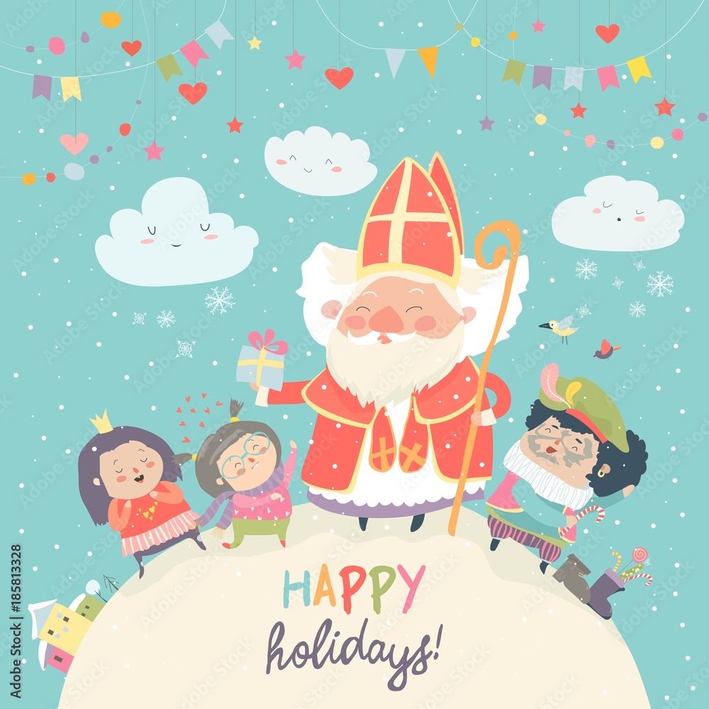 Fototapeta premium Saint Nicholas with Piet and happy kids