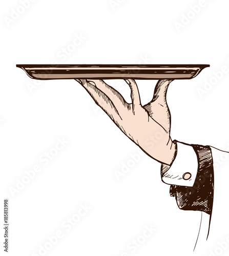 Waiters Hand Holding Tray. Vector Illustration in Hand Drawn Graphic Style