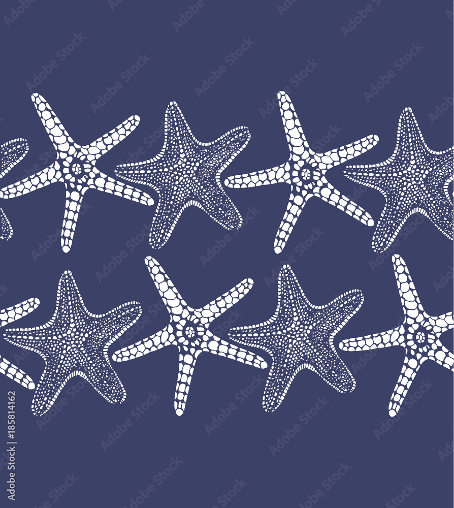 Dark Seamless Background with Starfishes. Sea Pattern in Hand Drawn Graphic Style for Surface Design Cards Invitations Banners Web. Vector Illustration