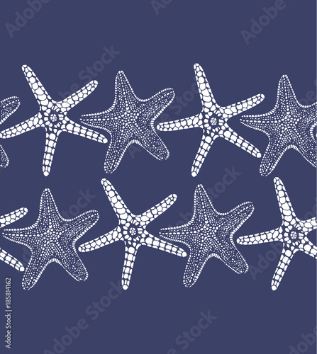 Dark Seamless Background with Starfishes. Sea Pattern in Hand Drawn Graphic Style for Surface Design Cards Invitations Banners Web. Vector Illustration