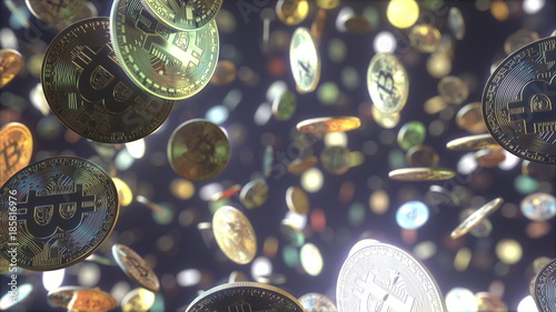Multiple falling bitcoin tokens. 3D rendering photo
