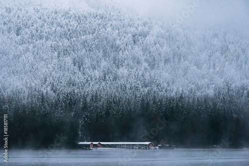Wallpaper Mural Boat house at Lake Eibsee with pine forest during early winter on a blue hour moody day, bavaria, Germany Torontodigital.ca