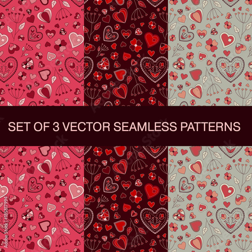 Set of 3 vector seamless heart patterns in red, pink and grey colors for Valentine's day