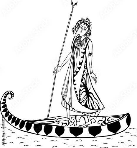 Druid floating down the river in a boat