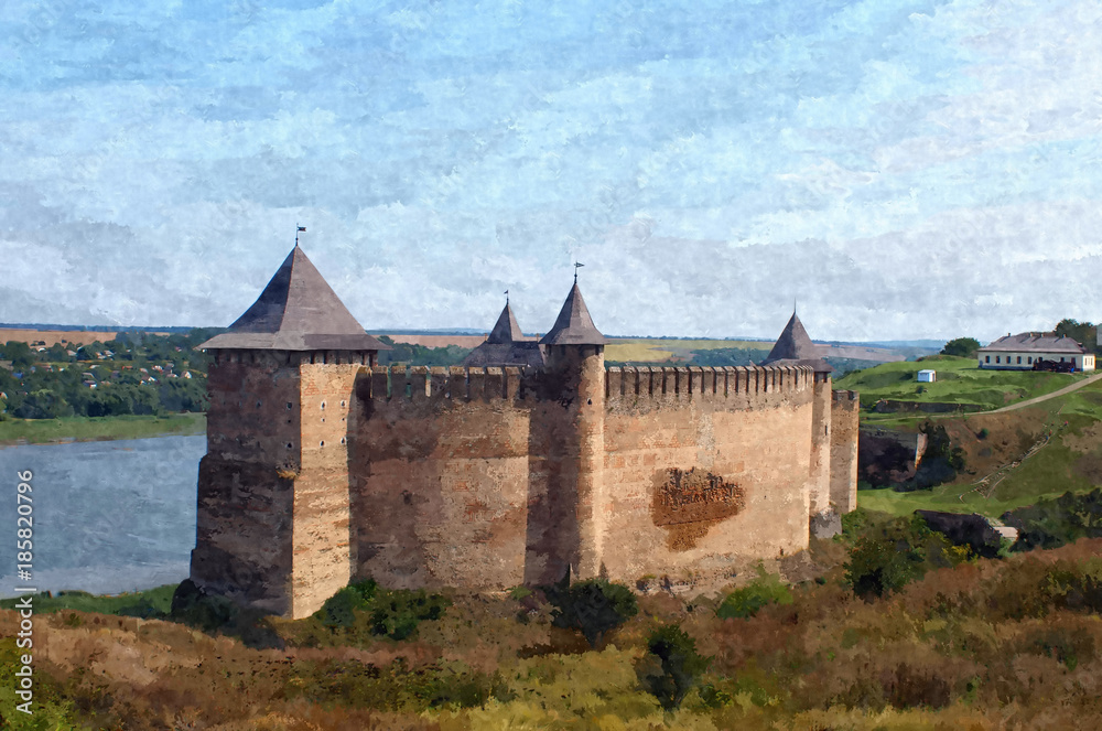 Beautiful landscape with ancient medieval fortress in Khotyn on hill above Dnister river.