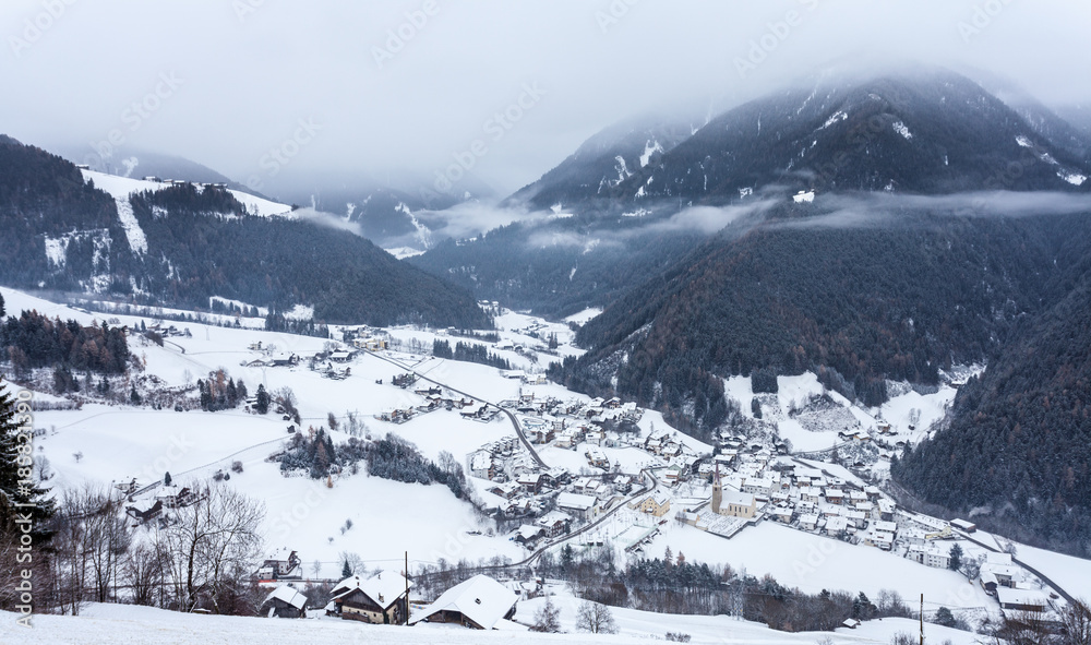 top view on snowy village luesen valley south tirol Italy