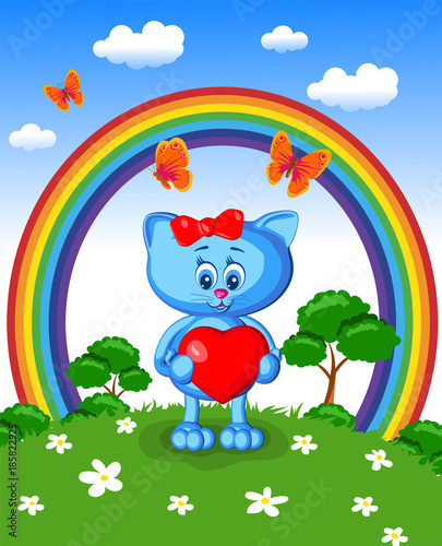 cat holding a heart greeting card day of St. Valentine woman love nature rainbow grass trees blue sky clouds cartoon style joy tenderness cute