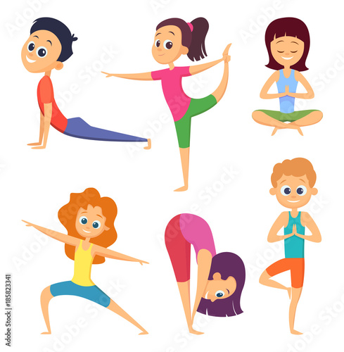 Yoga for kids. Happy childrens make different exercises. Cartoon characters set